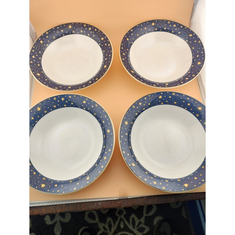 Vtg 1993 Vitromaster by Sakura GALAXY Soup Bowls Set of 4 Cobalt Blue Gold Stars